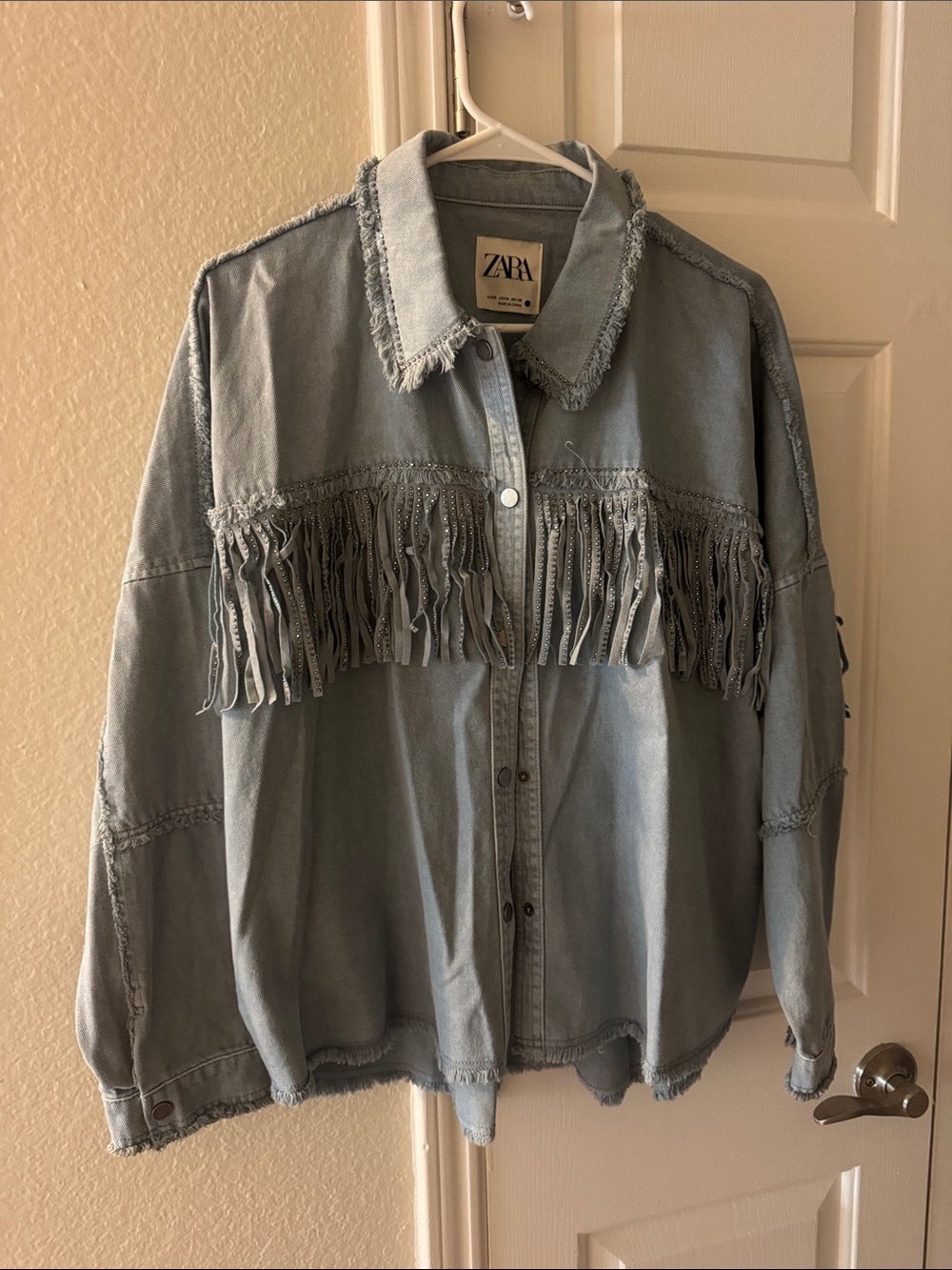 ZARA Light Blue Denim Jacket with Fringe Trim